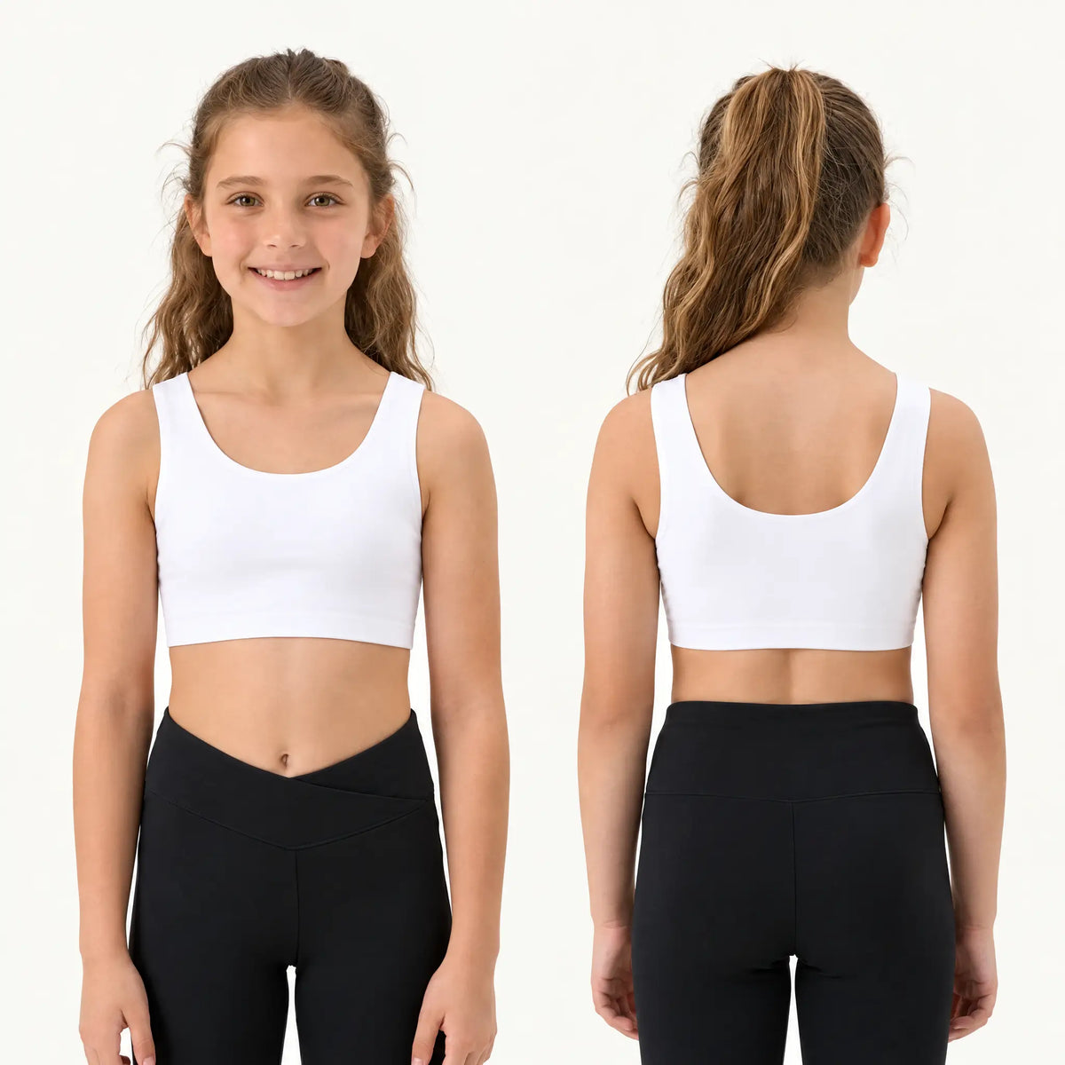 Brassiere Brassetta bianca per bambina, vista fronte e retro: spalline larghe, scollo rotondo e niente ganci sulla schiena