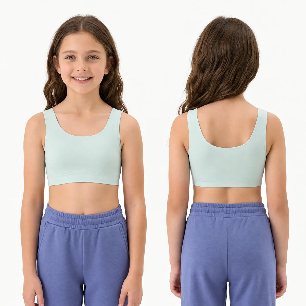 Brassiere Brassetta verde menta per bambina, vista fronte e retro: spalline larghe, scollo rotondo e schiena coperta
