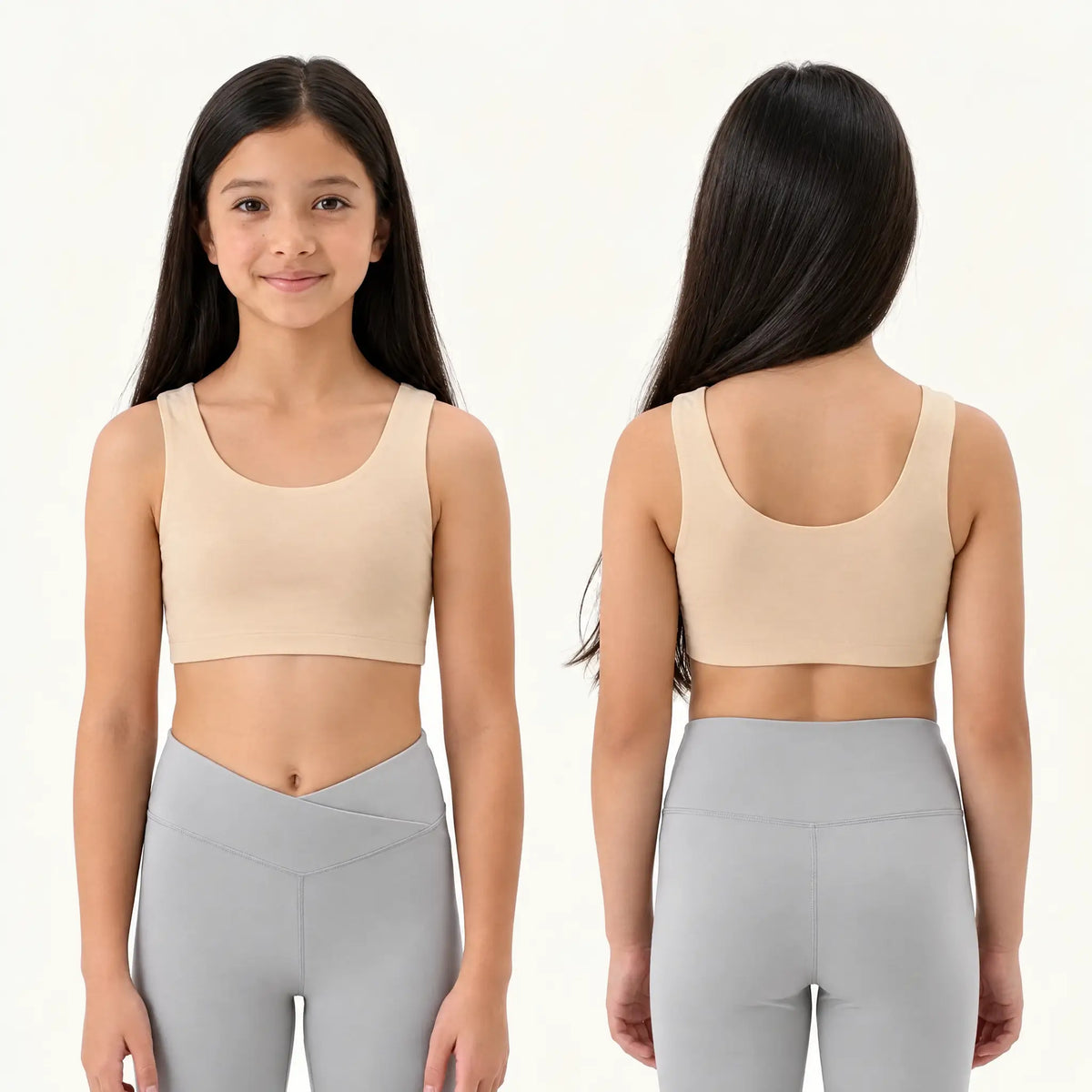 Brassiere Brassetta beige per bambina, vista fronte e retro: invisibile sotto la maglietta, senza ganci né cuciture fastidiose