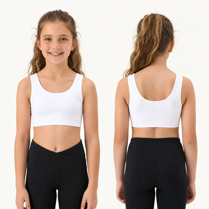 Brassiere Brassetta bianca per bambina, vista fronte e retro: spalline larghe, scollo rotondo e niente ganci sulla schiena