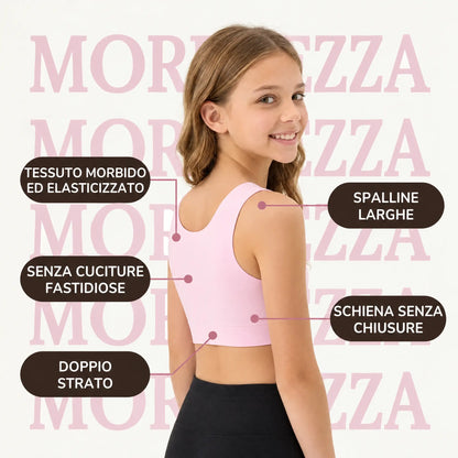 Dettagli della brassiere Brassetta per bambina: tessuto morbido ed elasticizzato, spalline larghe, doppio strato e schiena senza chiusure