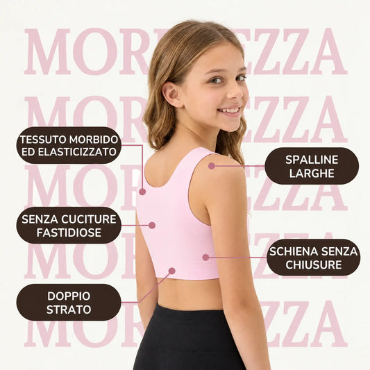 Dettagli della brassiere Brassetta per bambina: tessuto morbido ed elasticizzato, spalline larghe, doppio strato e schiena senza chiusure