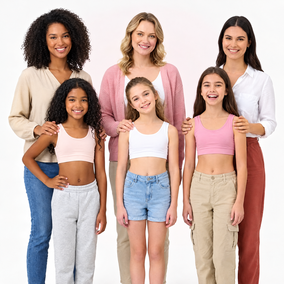 Tre bambine con la brassiere Brassetta beige, bianca e rosa insieme alle loro mamme