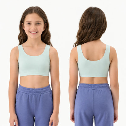 Brassiere Brassetta verde menta per bambina, vista fronte e retro: spalline larghe, scollo rotondo e schiena coperta