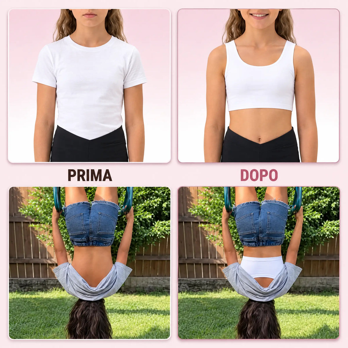 Prima e dopo: la brassiere Brassetta bianca non si vede sotto la maglietta